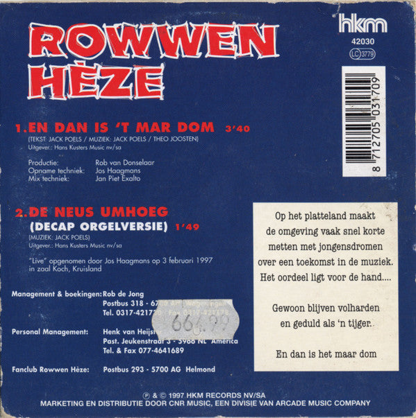 Rowwen Hèze : En Dan Is 'T Mar Dom (CD, Single, Car)