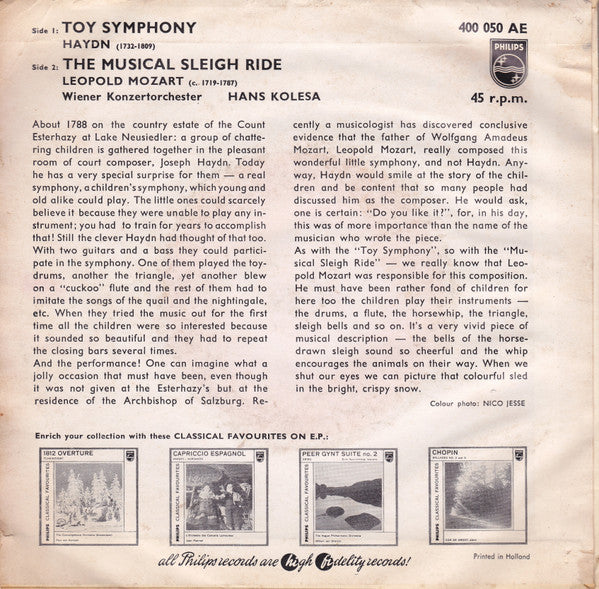 Wiener Konzertorchester, Hans Kolesa : Kindersymphonie / Musikalische Schlittenfahrt (7", Mono)