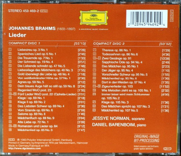 Johannes Brahms, Jessye Norman, Daniel Barenboim : Lieder (2xCD, Comp, RM)