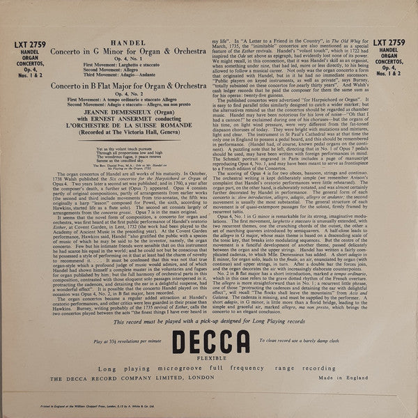 Georg Friedrich Händel, Jeanne Demessieux, Ernest Ansermet Conducting L'Orchestre De La Suisse Romande : Organ Concertos, Op. 4, Nos. 1 & 2 (LP, Mono)