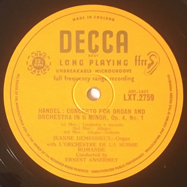 Georg Friedrich Händel, Jeanne Demessieux, Ernest Ansermet Conducting L'Orchestre De La Suisse Romande : Organ Concertos, Op. 4, Nos. 1 & 2 (LP, Mono)