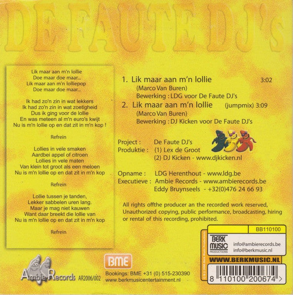 De Faute DJ's : Lik Maar Aan M'n Lollie (CD, Single)