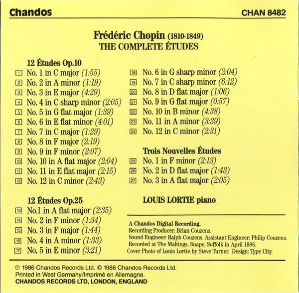 Frédéric Chopin - Louis Lortie : The Complete Etudes - Op.10, Op.25, Trois Nouvelles Etudes (CD, Album)