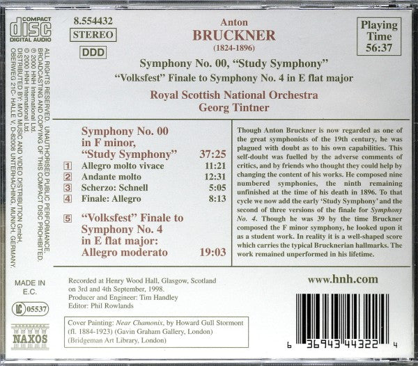 Anton Bruckner - Royal Scottish National Orchestra, Georg Tintner : Symphony No. 00, "Study Symphony" / "Volkfest" (1878) Finale To Symphony No. 4 (CD)