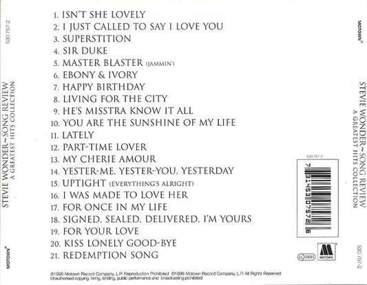 Stevie Wonder : Song Review - A Greatest Hits Collection (CD, Comp, RE, UNI)