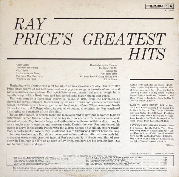 Ray Price : Ray Price's Greatest Hits (LP, Comp, Mono, RE)
