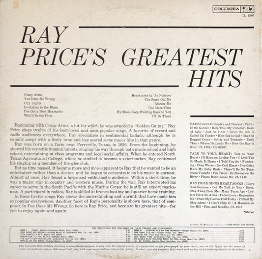 Ray Price : Ray Price's Greatest Hits (LP, Comp, Mono, RE)