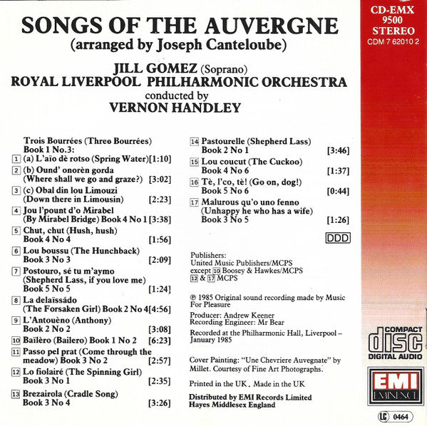 Joseph Canteloube - Jill Gomez, Royal Liverpool Philharmonic Orchestra, Vernon Handley : Songs Of The Auvergne (CD)