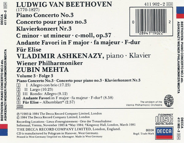 Ludwig van Beethoven / Vladimir Ashkenazy, Wiener Philharmoniker, Zubin Mehta : Piano Concerto No. 3 = Klavierkonzert Nr. 3 / Andante Favori / Für Elise (CD)