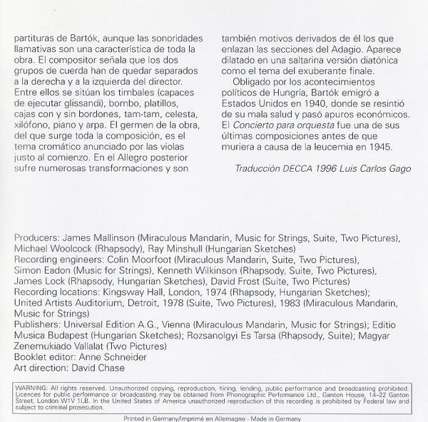 Béla Bartók, Antal Dorati, Zubin Mehta, Pascal Rogé : The Miraculous Mandarin / Hungarian Sketches / Suite No. 1 / Music For Strings, Percussion And Celesta / Rhapsody (2xCD, Comp, RM)