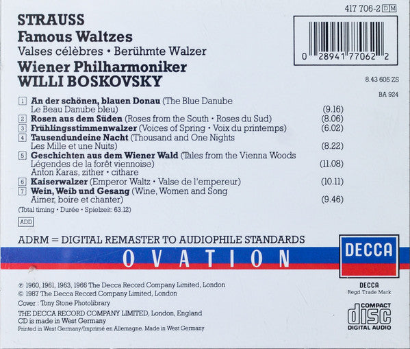 Johann Strauss Jr. - Willi Boskovsky, Wiener Philharmoniker : Famous Waltzes (CD, Comp, RM)