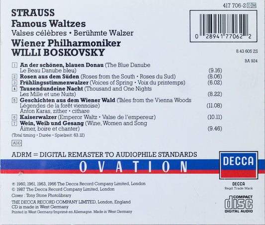 Johann Strauss Jr. - Willi Boskovsky, Wiener Philharmoniker : Famous Waltzes (CD, Comp, RM)