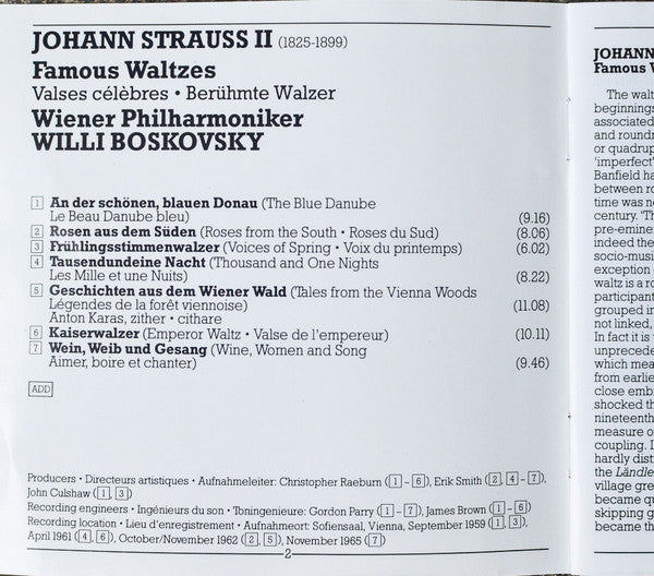 Johann Strauss Jr. - Willi Boskovsky, Wiener Philharmoniker : Famous Waltzes (CD, Comp, RM)