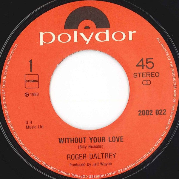 Roger Daltrey : Without Your Love (7", Single, Smo)