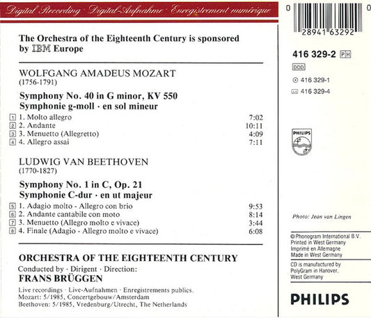 Orchestra Of The 18th Century, Frans Brüggen, Mozart*, Beethoven* : Symphony No.40 / Symphony No.1 (CD)