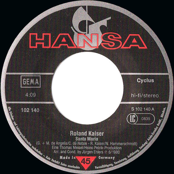 Roland Kaiser : Santa Maria (7", Single)