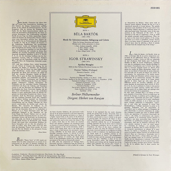 Igor Stravinsky / Béla Bartók - Berliner Philharmoniker • Herbert von Karajan : Apollon Musagète / Musik Für Saiteninstrumente, Schlagzeug & Celesta (LP)