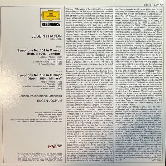Joseph Haydn - London Philharmonic Orchestra, Eugen Jochum : Symphonies Nos.104 And 100 (LP, Album)