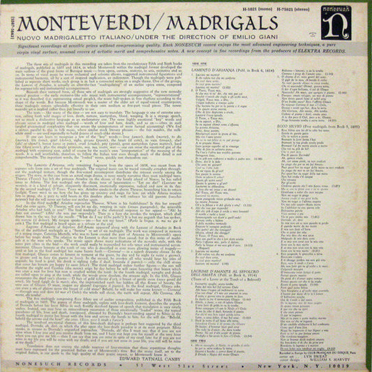 Claudio Monteverdi -  Il Nuovo Madrigaletto Italiano Under The Direction Of Emilio Giani : Madrigals (LP, Mono)