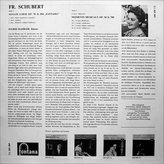 Franz Schubert - Ingrid Haebler : Sonate G-dur Op. 78 "Fantasia" / Moments Musicaux Op. 94 Nr. 1, 2, 3 Und 6 (LP, Album, Mono, RP)