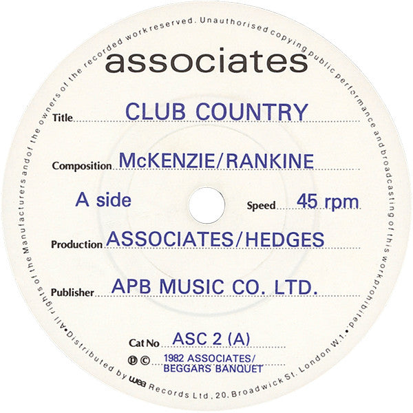 The Associates : Club Country (7", Single)