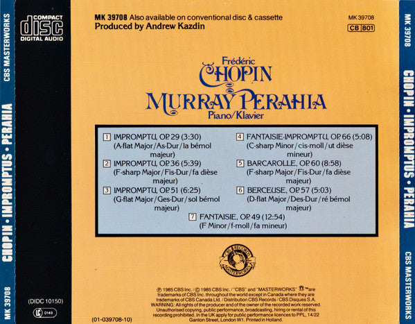 Frédéric Chopin - Murray Perahia : Impromptus / Fantaisie / Barcarolle / Berceuse (CD, Album)