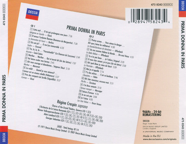 Régine Crespin - L'Orchestre De La Suisse Romande / Alain Lombard, Wiener Volksopernorchester / Georges Sebastian : Prima Donna In Paris (2xCD, RE, RM)