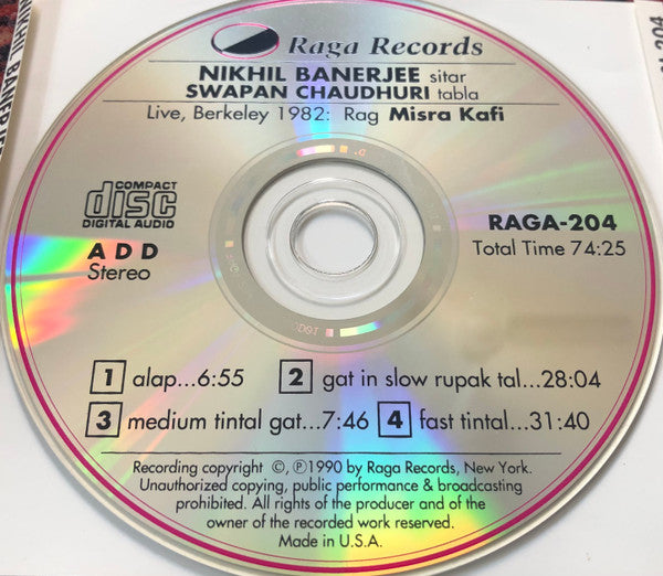 Nikhil Banerjee : Live Berkeley 1982: Rag Misra Kafi (CD)