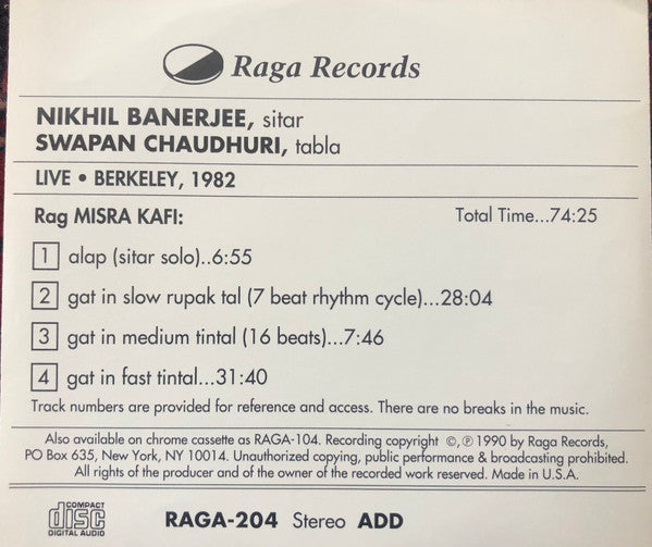 Nikhil Banerjee : Live Berkeley 1982: Rag Misra Kafi (CD)