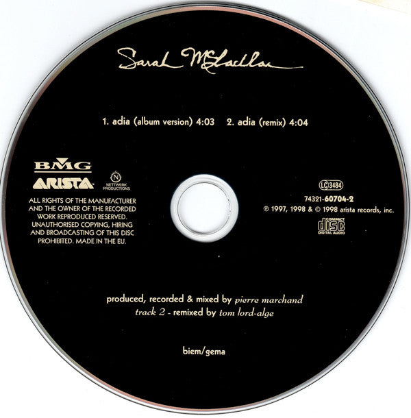 Sarah McLachlan : Adia (CD, Single)