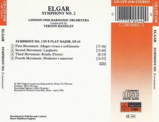 Sir Edward Elgar, London Philharmonic Orchestra, Vernon Handley : Symphony No. 2 In E Flat Major, Op.63 (CD, RE)