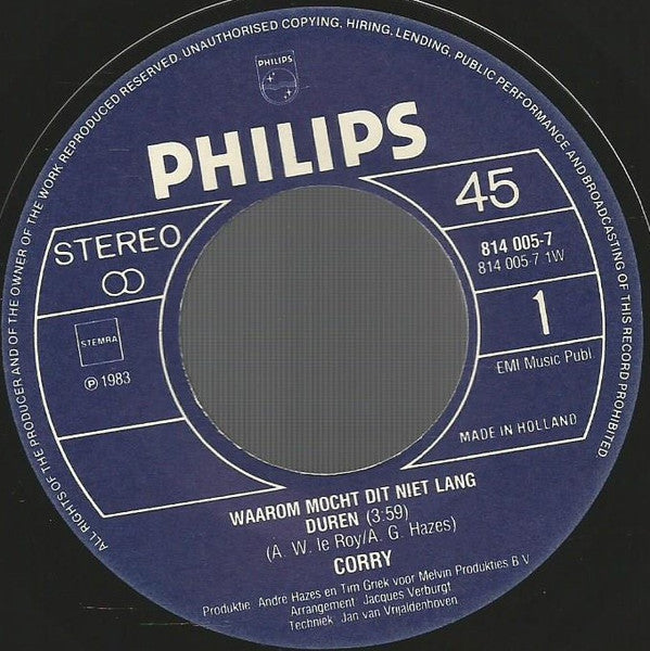 Corry Konings : Waarom Mocht Dit Niet Lang Duren (7", Single, Not)
