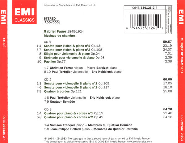 Gabriel Fauré - Pierre Barbizet, Jean-Philippe Collard, Michel Debost, Augustin Dumay, Christian Ferras, Samson François, Eric Heidsieck, Frédéric Lodéon, Bruno Rigutto, Paul Tortelier, Le Quatuor Bernède, Quatuor Parrenin : Musique De Chambre (3xCD, Comp, RM + 2xCD, Comp, RM + 2xBox, Comp)