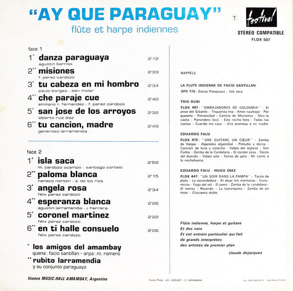 Facio Santillan, Marcelino Romero : Ay Que Paraguay (Flûte Et Harpe Indiennes) (LP)
