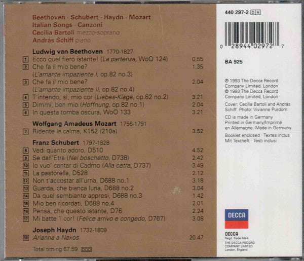 Cecilia Bartoli / András Schiff : Italian Songs - Canzoni (Beethoven · Schubert · Mozart · Haydn) (CD, Album)