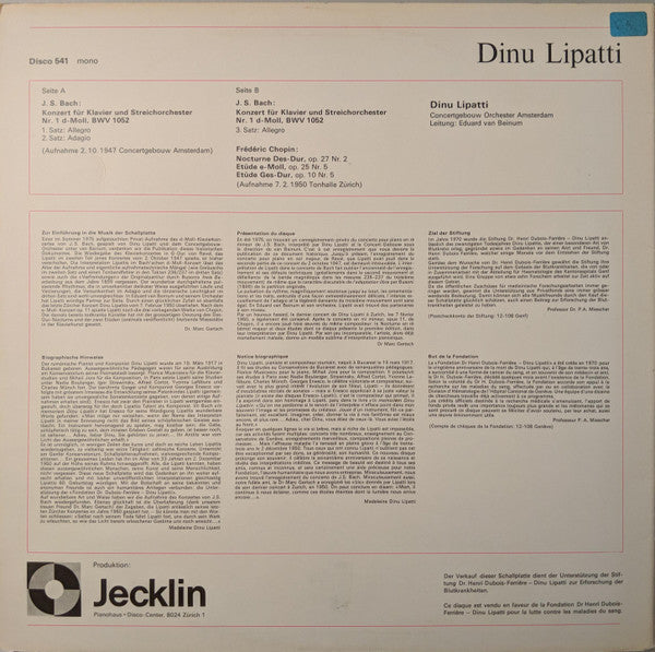 Dinu Lipatti, Johann Sebastian Bach, Frédéric Chopin : J. S. Bach: Klavierkonzert Nr. 1; Chopin: Nocturne Des-Dur, Op. 27 Nr. 2; Etüde E-Moll, Op. 25 Nr. 5; Etüde Ges-Dur, Op. 10 Nr. 5 (LP, Mono)