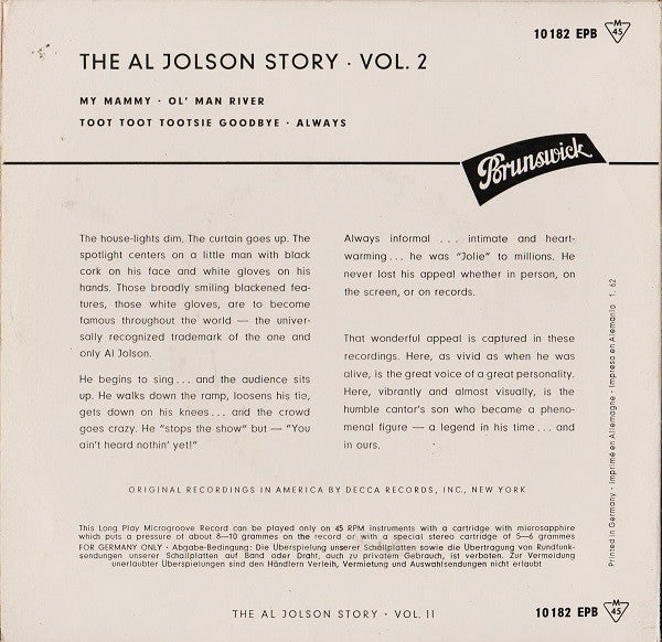 Al Jolson : The Al Jolson Story Vol.II (7", EP, Mono)
