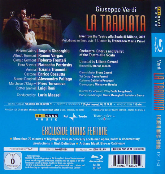 Giuseppe Verdi / Conducted By Lorin Maazel, Angela Gheorghiu, Ramón Vargas, Roberto Frontali , Directed By Liliana Cavani, Orchestra Del Teatro Alla Scala, Coro Del Teatro Alla Scala And Corpo Di Ballo Del Teatro Alla Scala : La Traviata - Live From La Scala, 2007 (Blu-ray, Album, RE, Multichannel)
