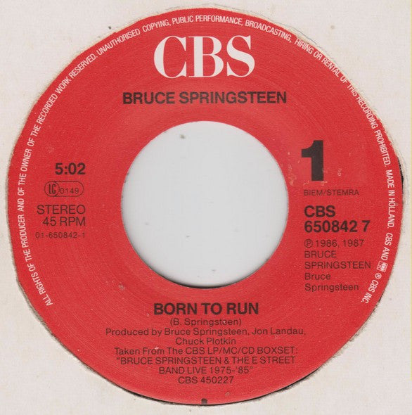 Bruce Springsteen & The E-Street Band : Born To Run (7", Single)