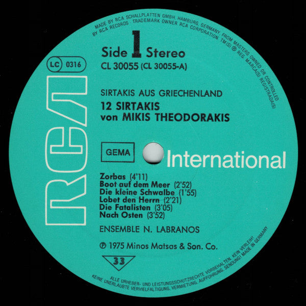 Mikis Theodorakis - Ensemble N. Labranos : 12 Sirtakis Von Mikis Theodorakis (LP)