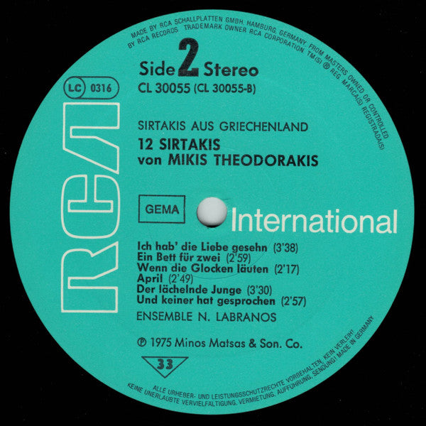 Mikis Theodorakis - Ensemble N. Labranos : 12 Sirtakis Von Mikis Theodorakis (LP)