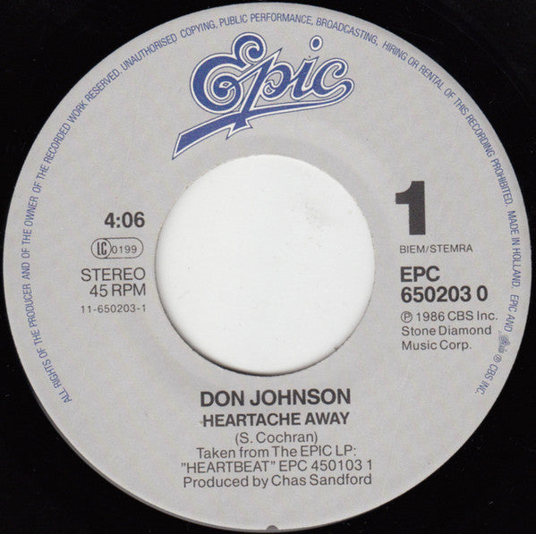 Don Johnson : Heartache Away (7", Single, Pos)
