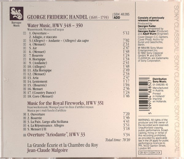 Georg Friedrich Händel - Jean-Claude Malgoire : Water Music (Wassermusik) / Music For The Royal Fireworks (Feuerwerksmusik - Musique Pour Les Feux D'artifice Royaux) (CD, RE, RM)