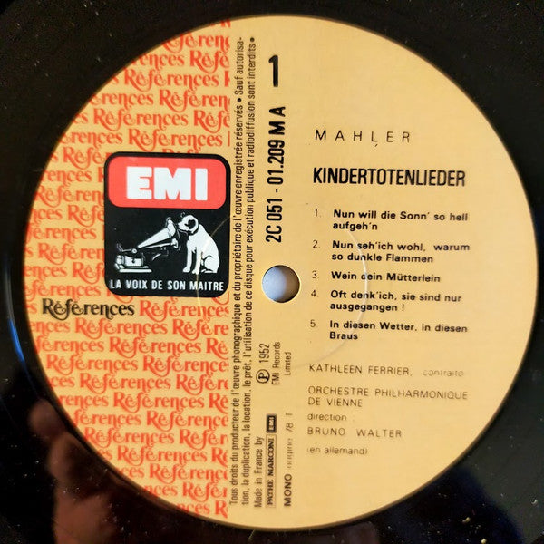 Gustav Mahler, Kathleen Ferrier / Wiener Philharmoniker , Direction Bruno Walter : Kindertotenlieder  (LP, Comp, Mono, RE)