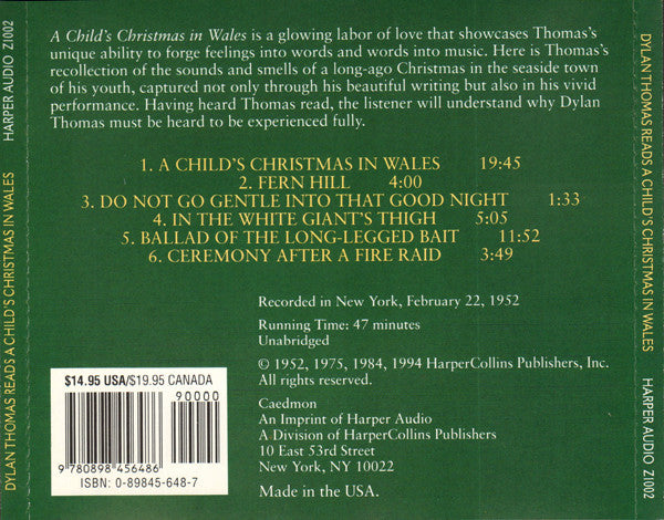 Dylan Thomas : Reads A Child's Christmas In Wales And Five Poems (CD, Album)