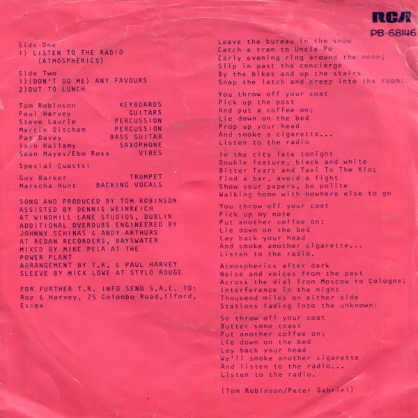 Tom Robinson : Listen To The Radio (Atmospherics) (7", Single)