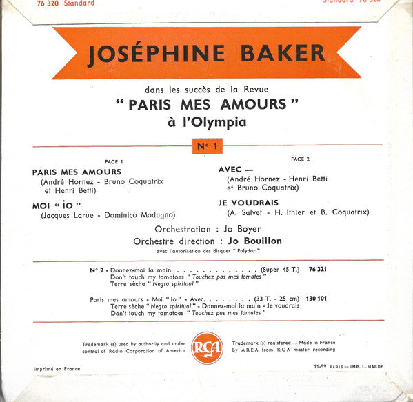 Josephine Baker : Paris Mes Amours - N°1 (7", EP, Mono)