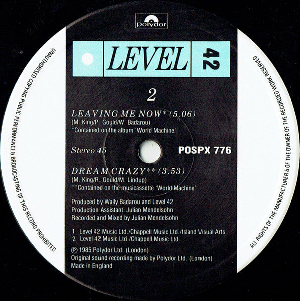 Level 42 : Leaving Me Now / I Sleep On My Heart (Remix) / Dream Crazy (12", Single)