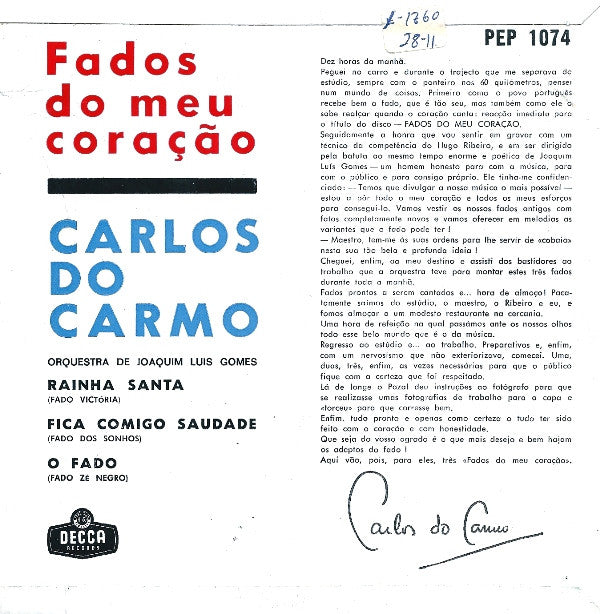 Carlos Do Carmo : Fados Do Meu Coração (7", EP)