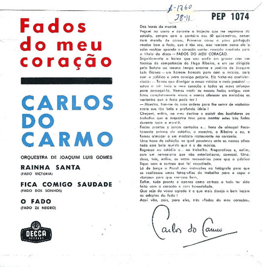 Carlos Do Carmo : Fados Do Meu Coração (7", EP)